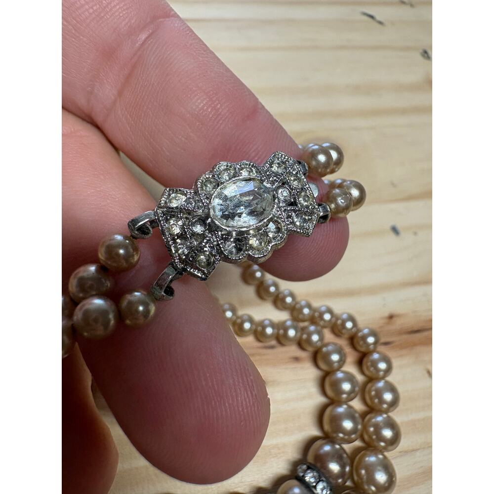 Vintage Double Strand Faux Pearl Necklace Rhinestone Silver Tone - Picture 5 of 8